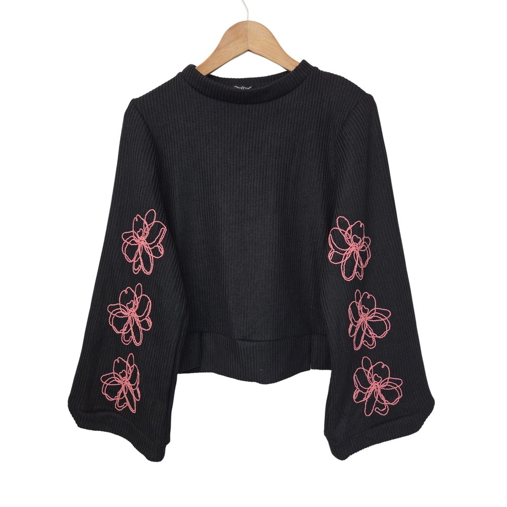 Area Stars‎ Embroided Sleeve Knit Sweater Top  Women Large Black NWT $175